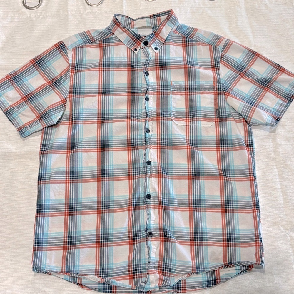 Men’s Columbia sportswear blue & orange short sleeve button down shirt M